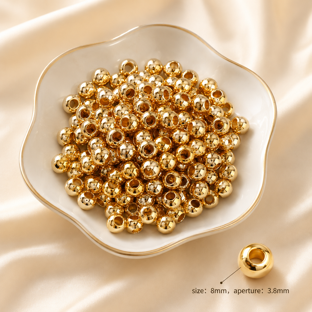 Lu's 100pcs Color-Retention Electroplated Gold ABS Large-Hole Round Beads
