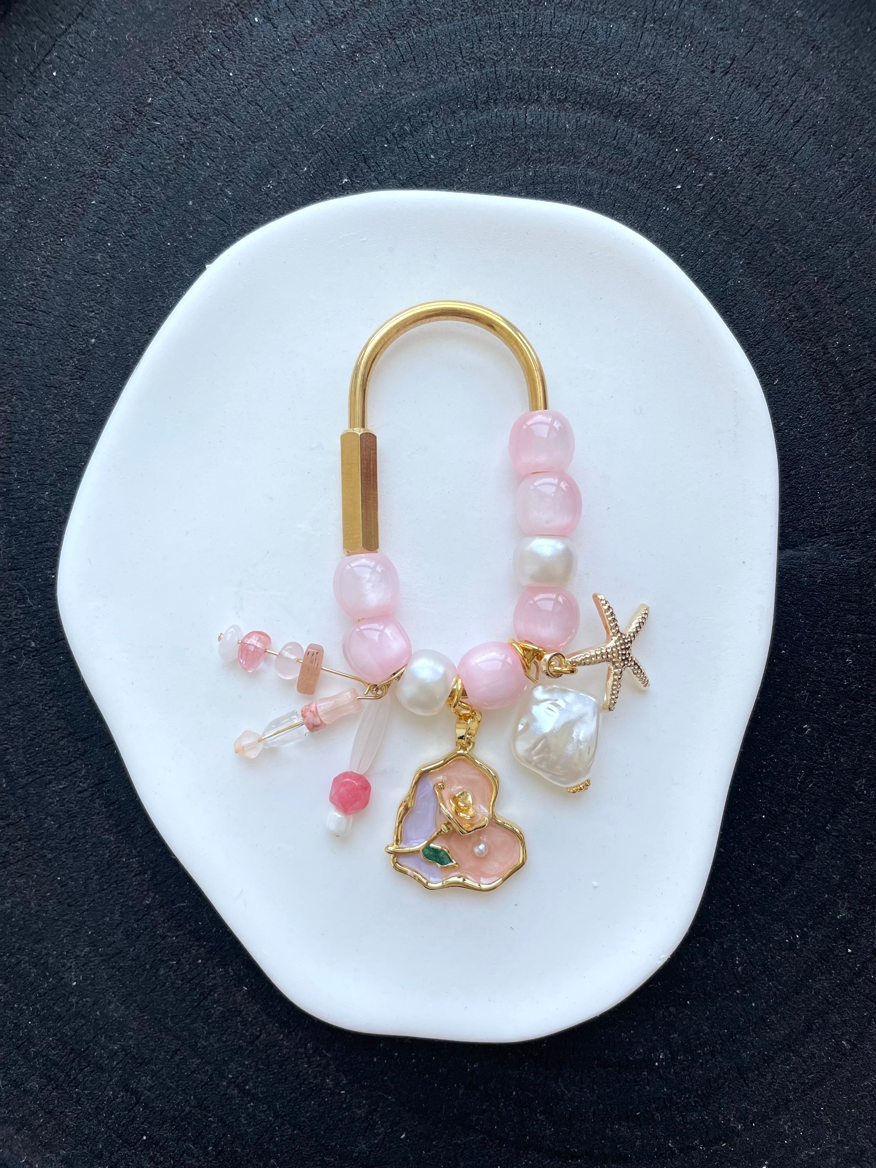 Pink Pearl Floral Bag Charm | Romantic Beaded Handbag Accessory