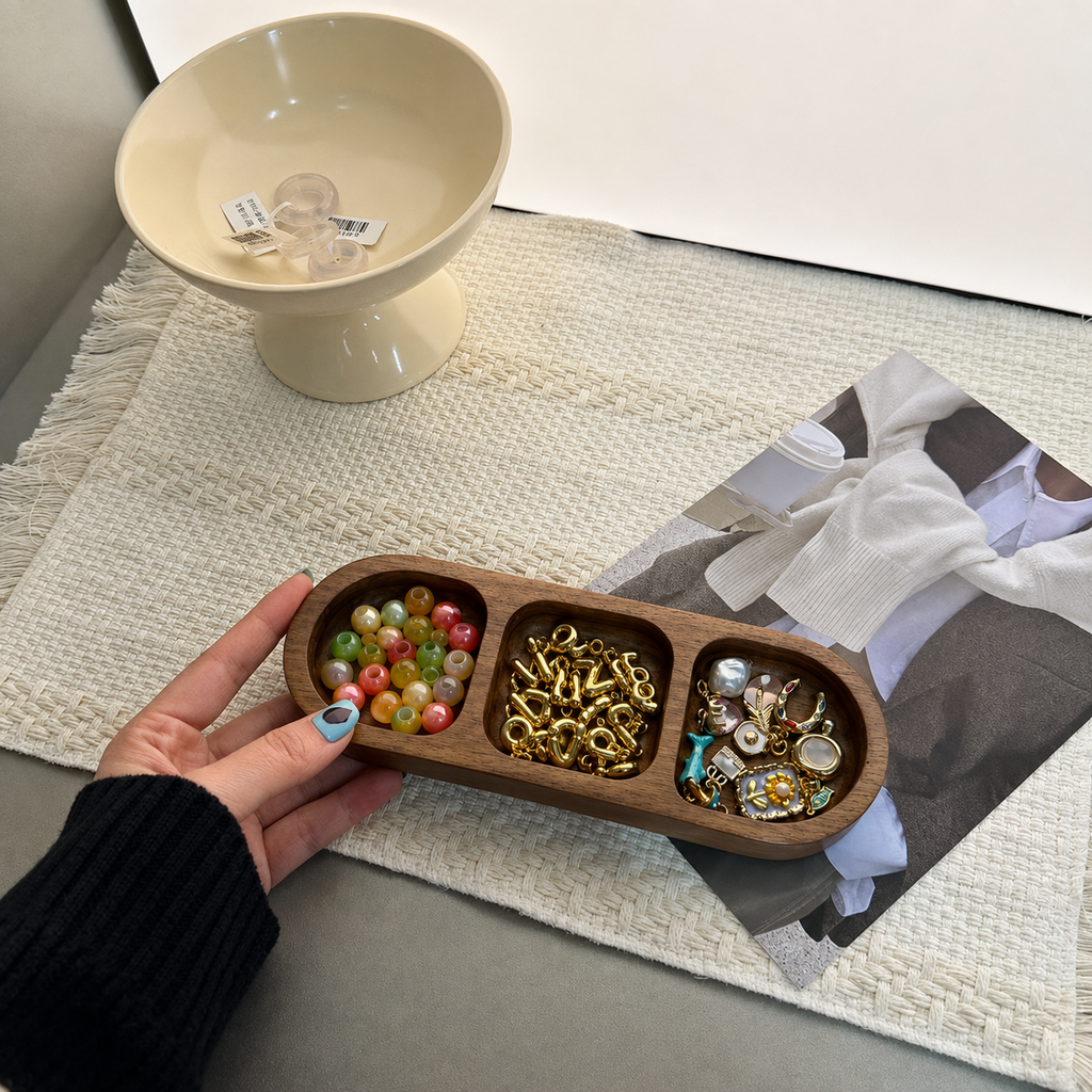 Vintage Acacia Wood Compartment Organizer Tray for Jewelry, Beads & Keys