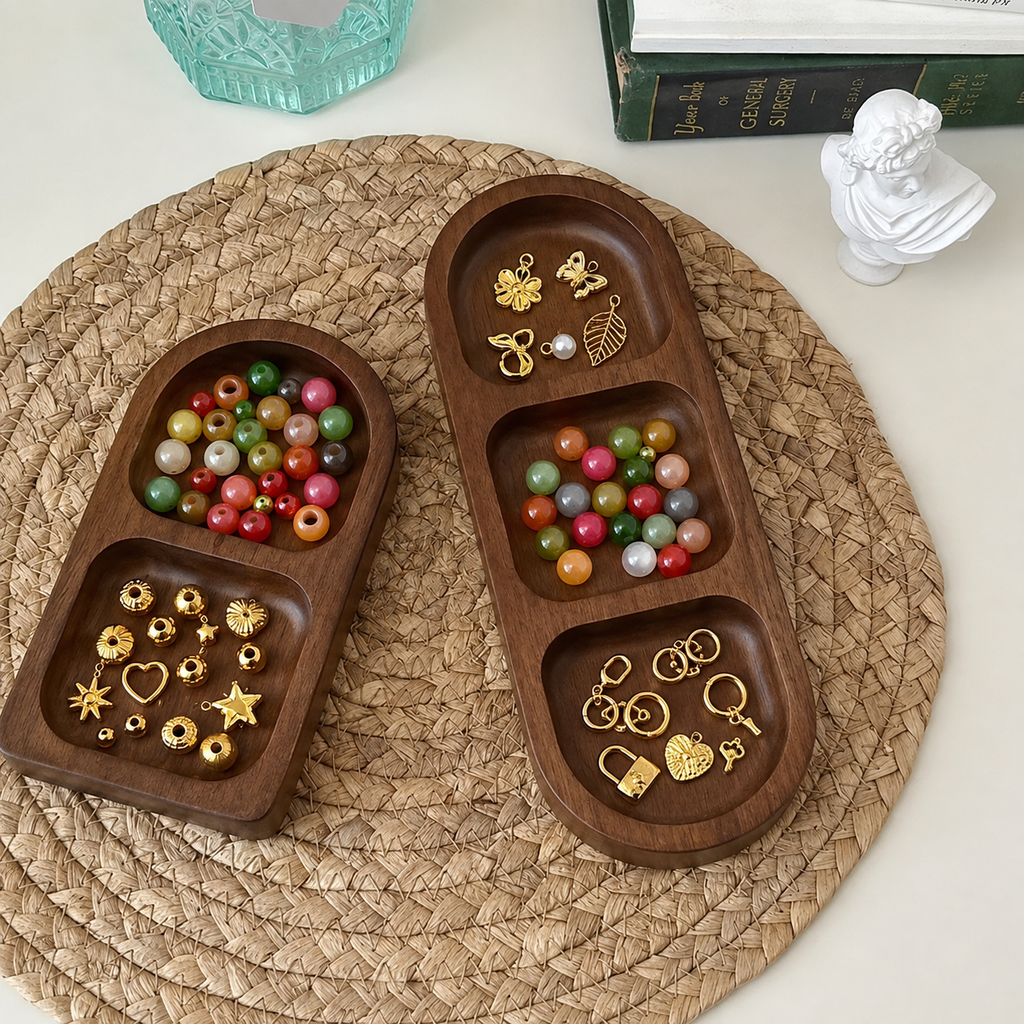 Vintage Acacia Wood Compartment Organizer Tray for Jewelry, Beads & Keys