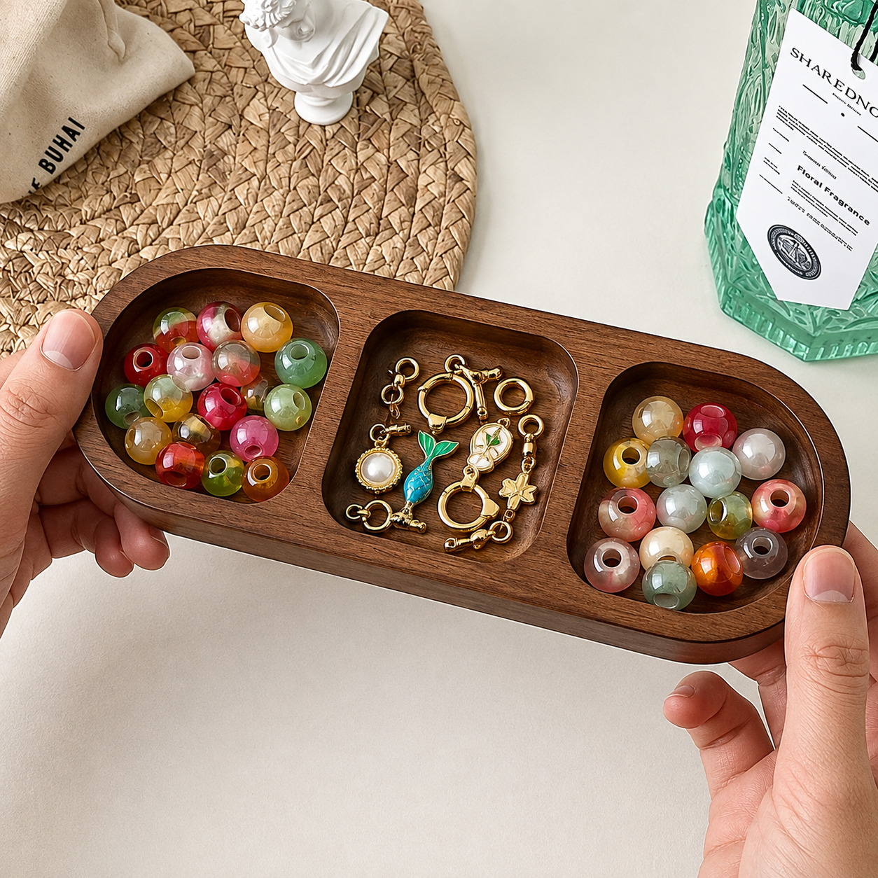 Vintage Acacia Wood Compartment Organizer Tray for Jewelry, Beads & Keys