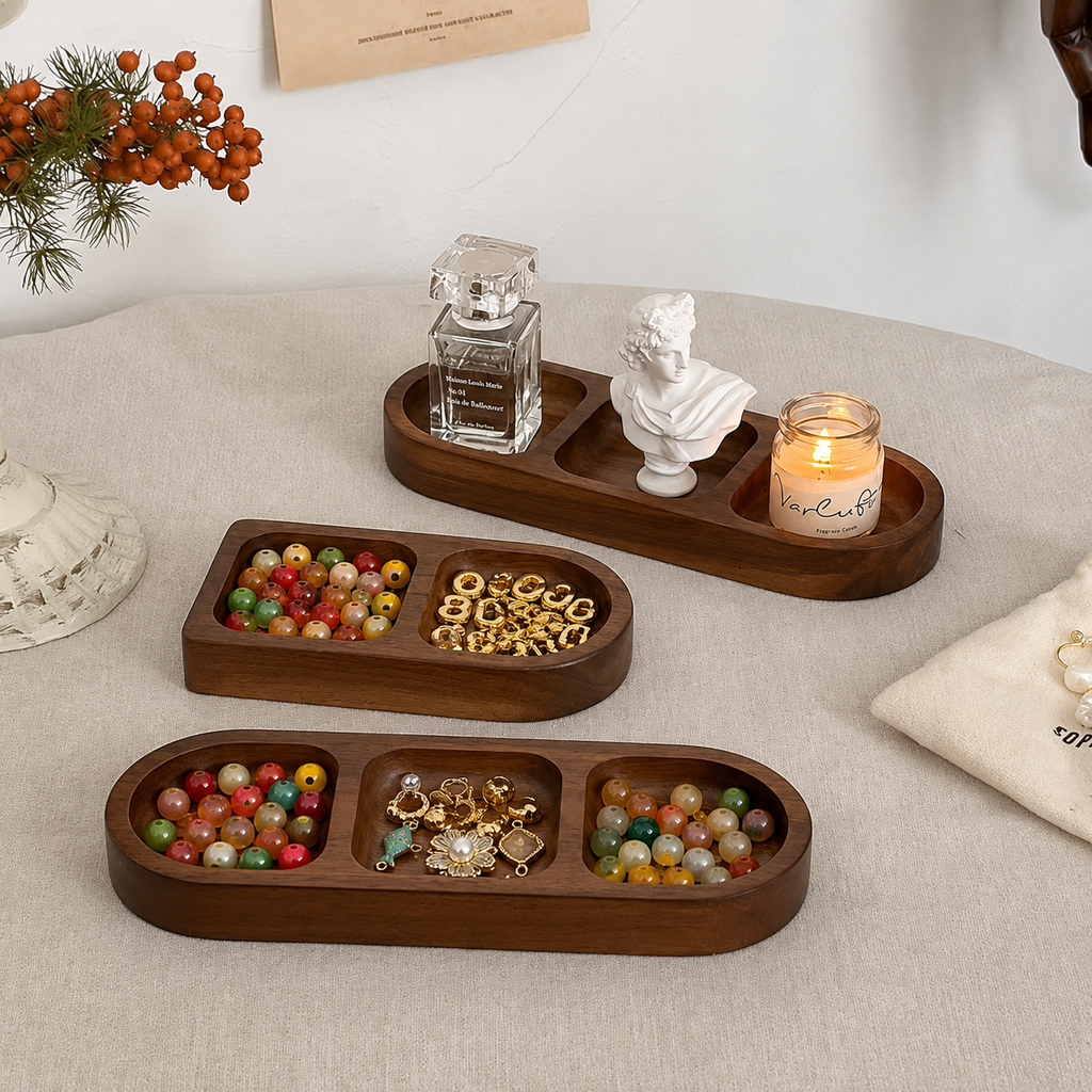Vintage Acacia Wood Compartment Organizer Tray for Jewelry, Beads & Keys