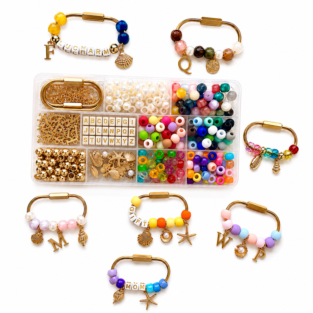 500PCS DIY Keychain Making Kit with Ocean Charms, Alphabet Beads, Gold Keychain Bars & Jewelry Accessories
