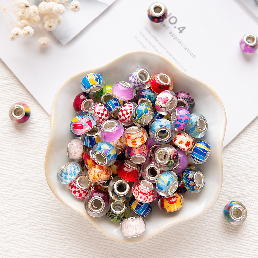 Lu's 100pcs Large Hole Resin Printed Colorful Beads