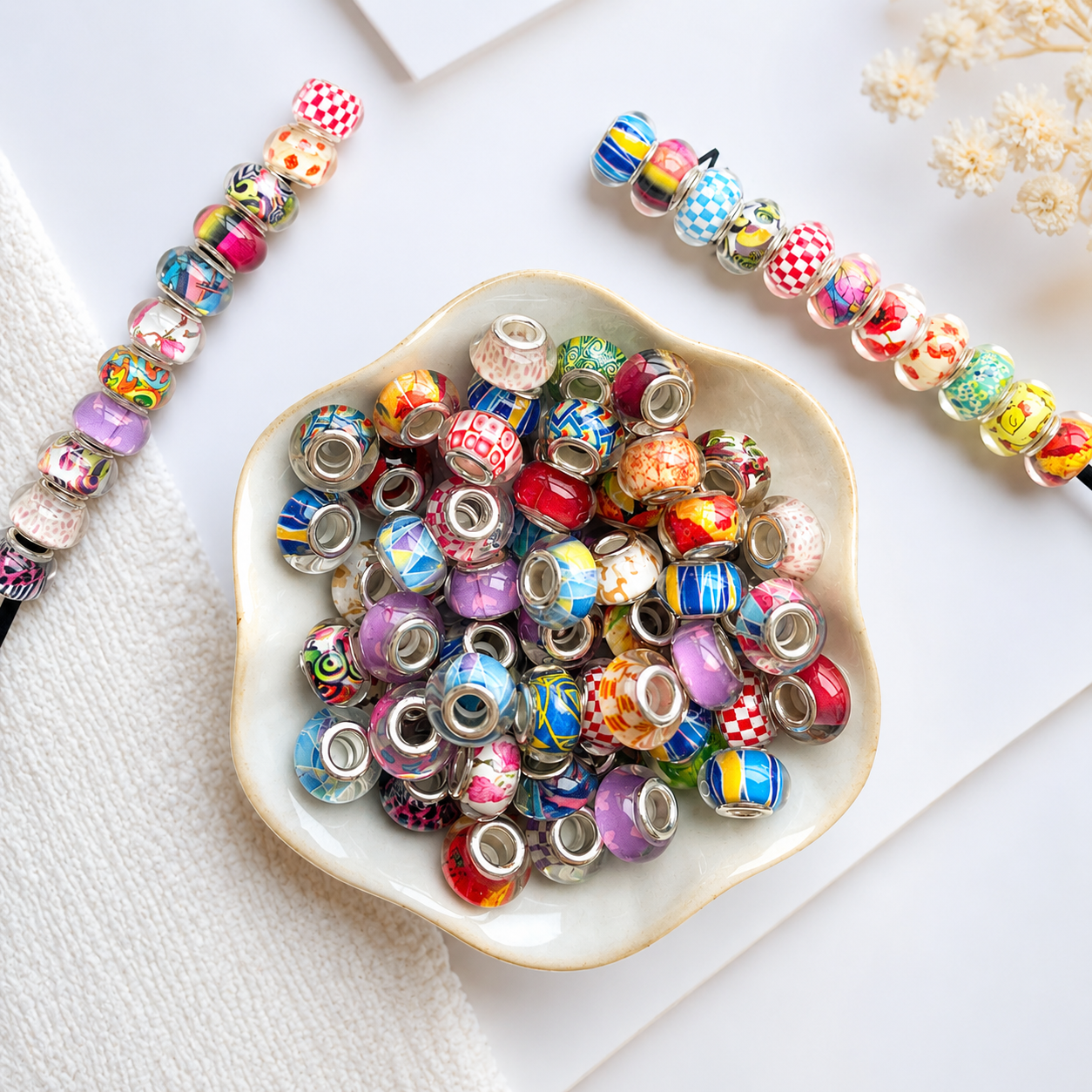 Lu's 100pcs Large Hole Resin Printed Colorful Beads
