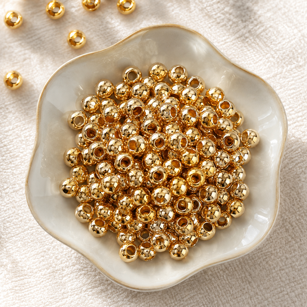 Lu's 100pcs Color-Retention Electroplated Gold ABS Large-Hole Round Beads
