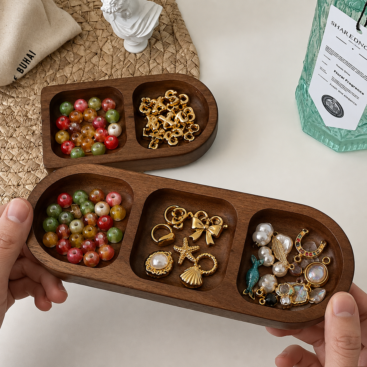 Vintage Acacia Wood Compartment Organizer Tray for Jewelry, Beads & Keys